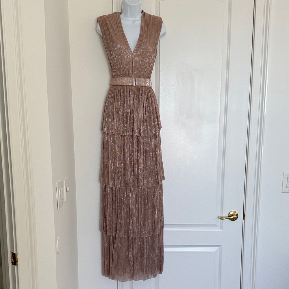 Sabina Musayev Shimmering Bronze Tiered Maxi Dress